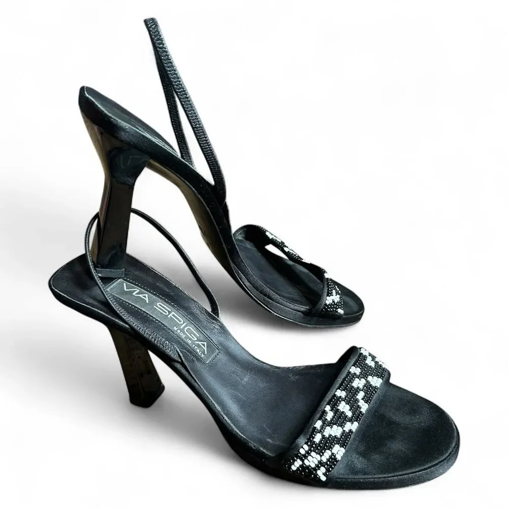 Via Spiga Black Beaded Slingback Heels 7.5M Open Toe Evening Sandals Italy